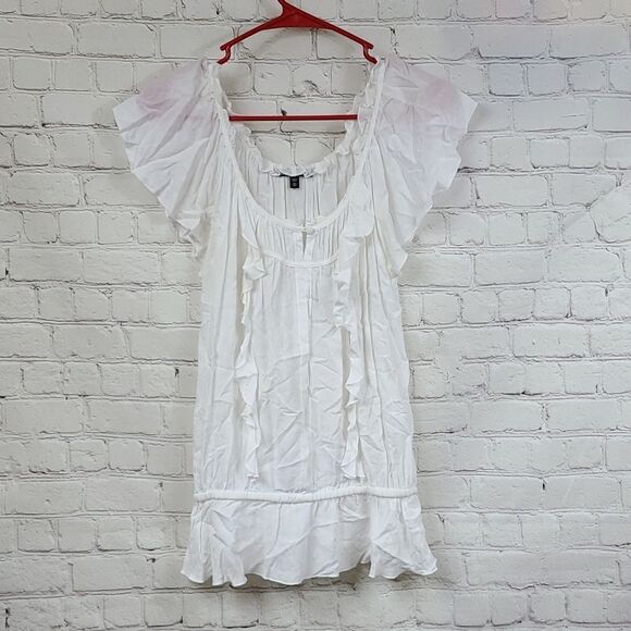Express Frilly Solid White XS Ruffle Sleeve Peplum Top Ruffle Front Keyhole - Picture 8 of 8